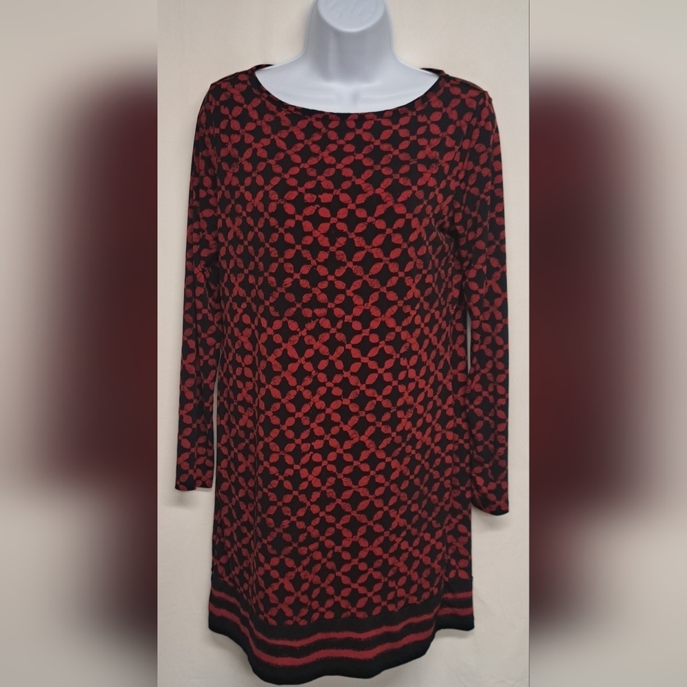 Michael Kors P/M Tunic Dress Red Black Ling Sleeve Slinky Stretch Knit